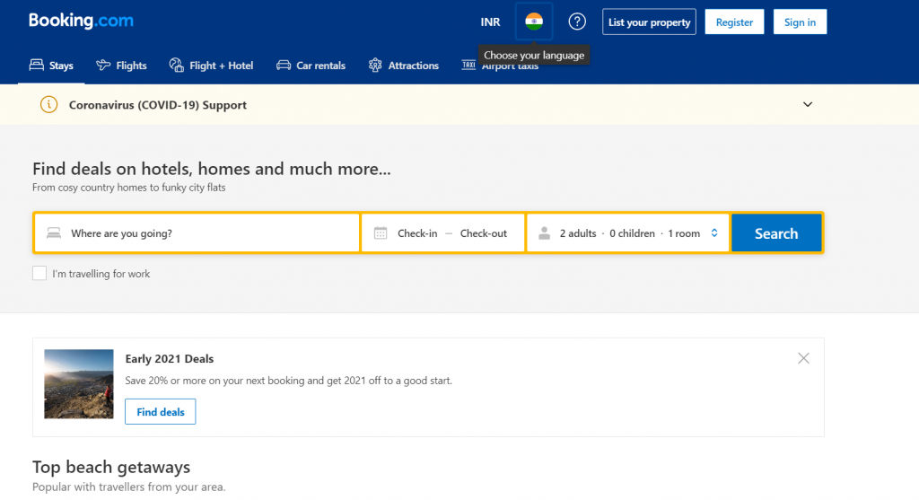 booking. com homepage screenshot