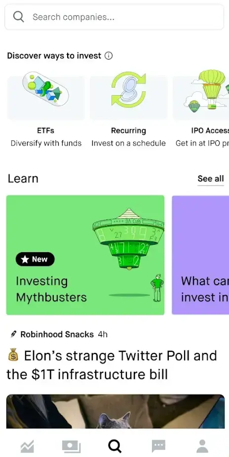 Newsfeed and tutorial feature of Robinhood app