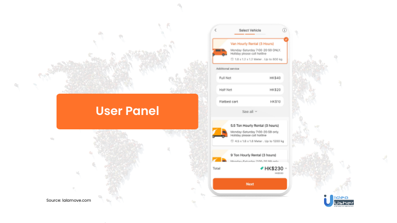 features for user panel of a Courier delivery app like Lalamove