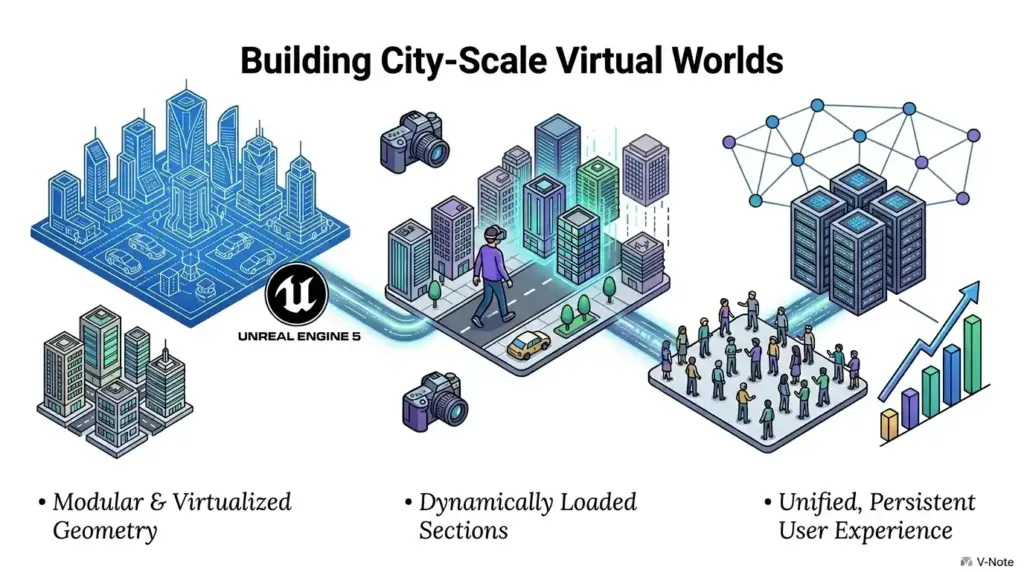 How to Architect a City-Scale Virtual World in Metaverse Platforms?