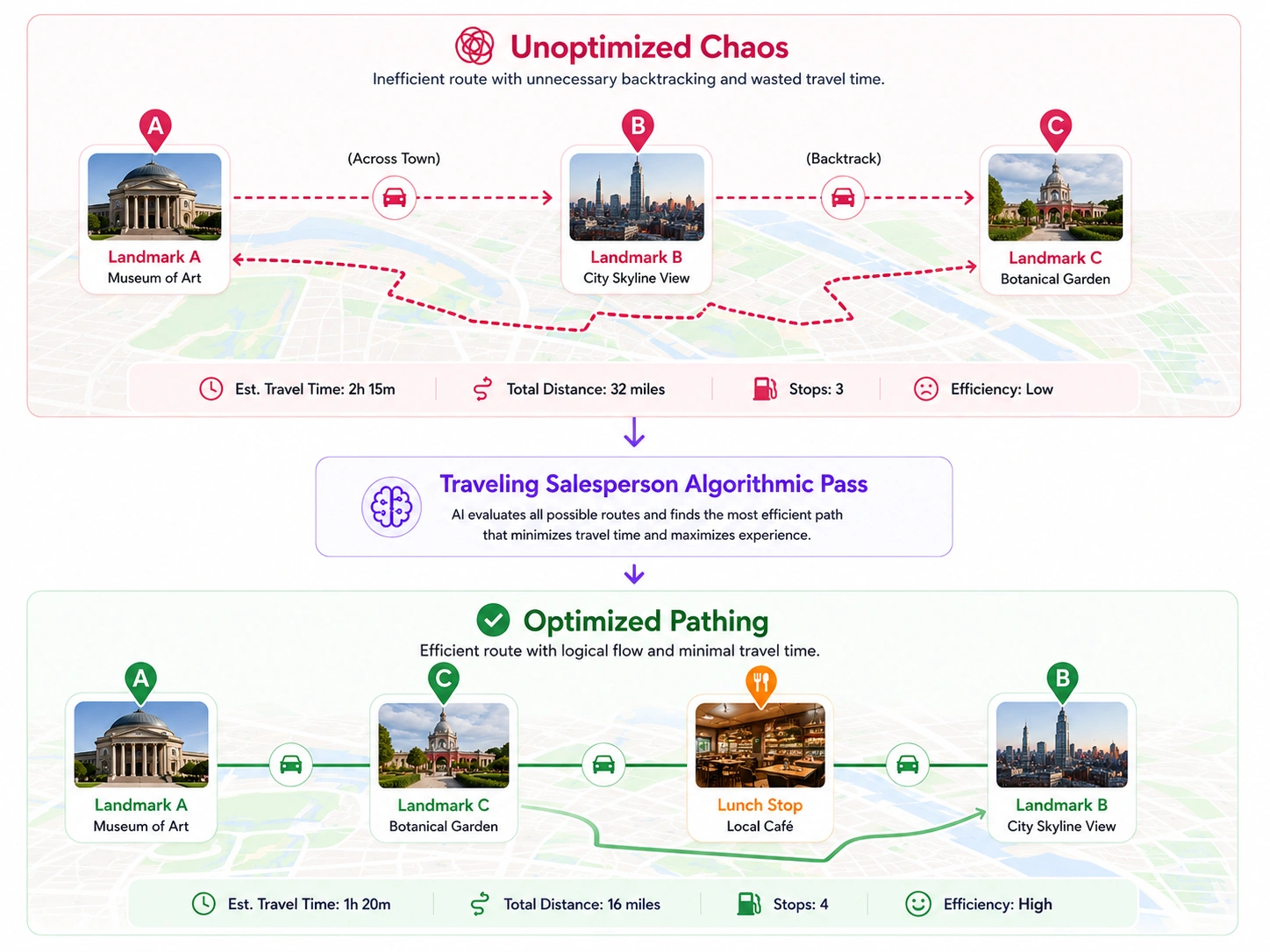 route and time optimization in AI vacation planner app