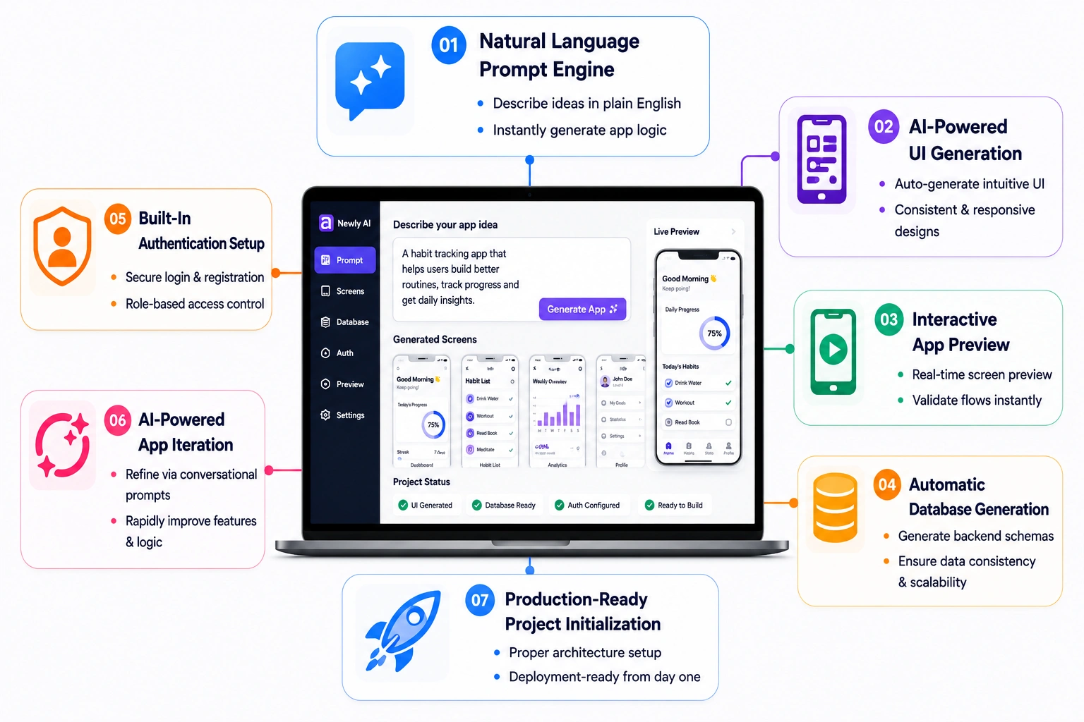 prompt to app features of AI app builder like Newly