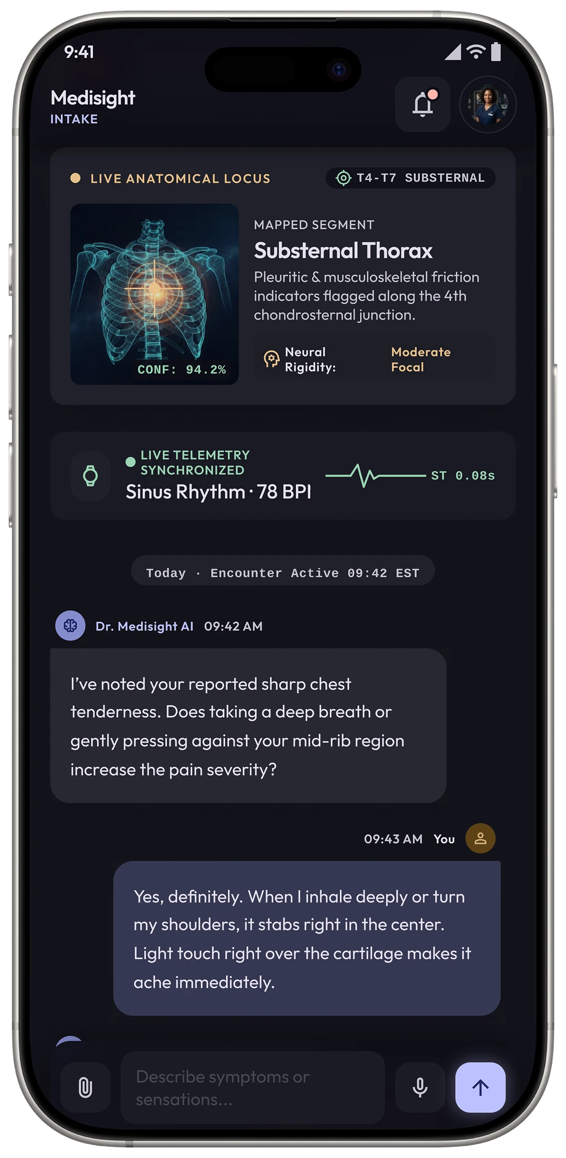 Medisight AI clinical encounter and symptom triage screen